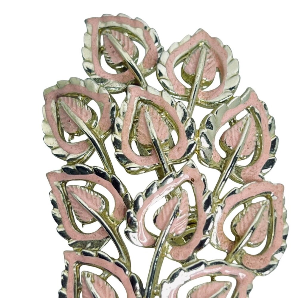Gold Tone & Pink Enamel Bouquet Brooch W/ Matching Clip On Earrings Set (5750) - Picture 4 of 10